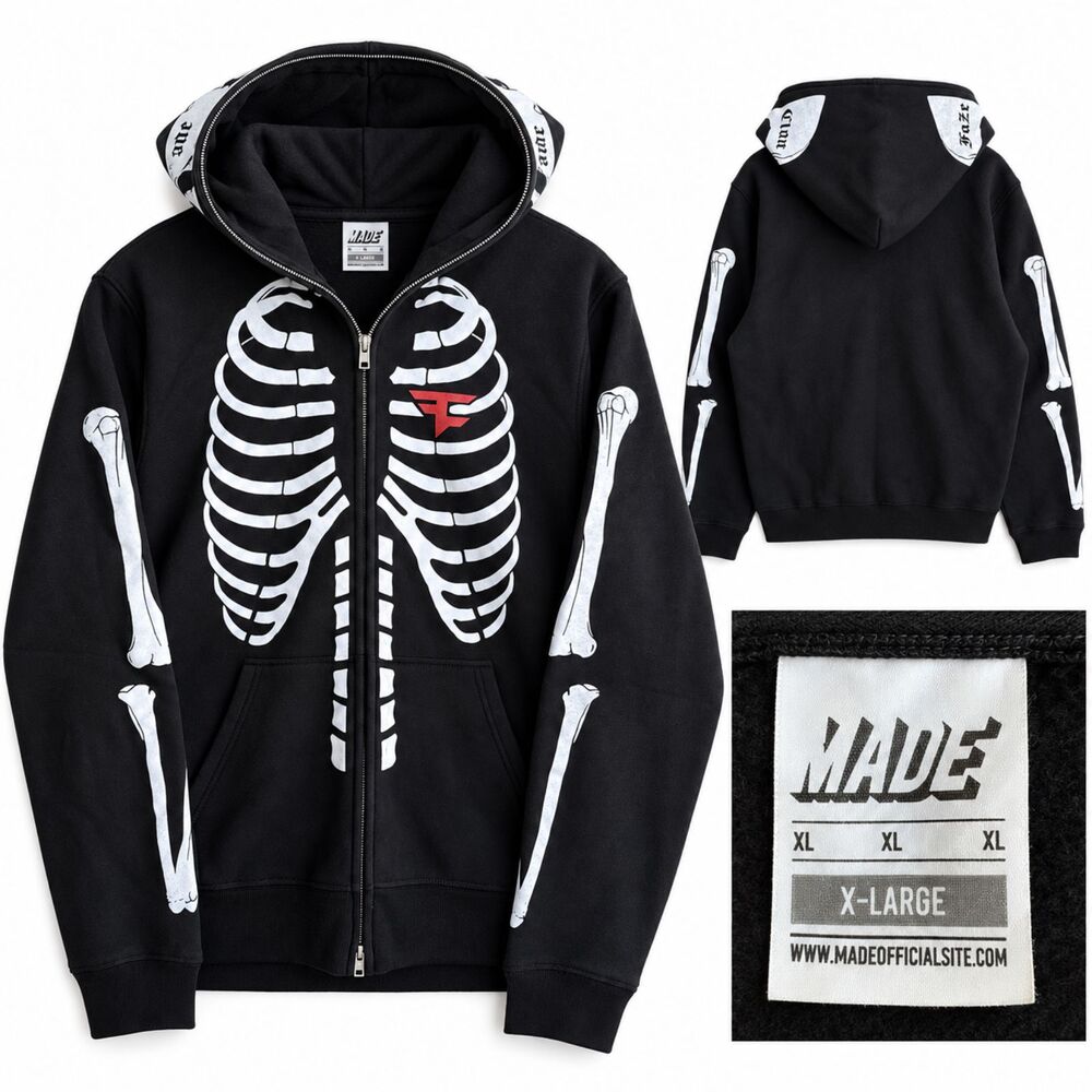 FAZE Clan Made Skeleton Ribcage Full Zip Hoodie Size Men’s XL Bleeding Heart